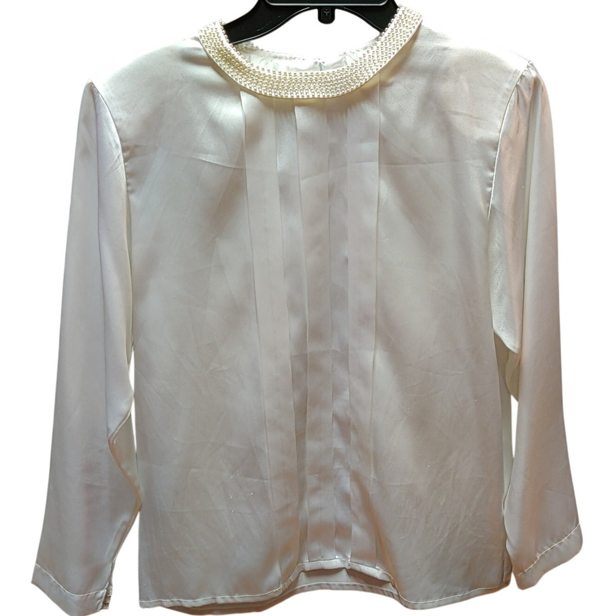 Vintage New Concepts Petite Faux Pearl Collar Satin Blouse Ivory Long Sleeve