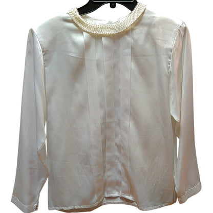Vintage New Concepts Petite Faux Pearl Collar Satin Blouse Ivory Long Sleeve