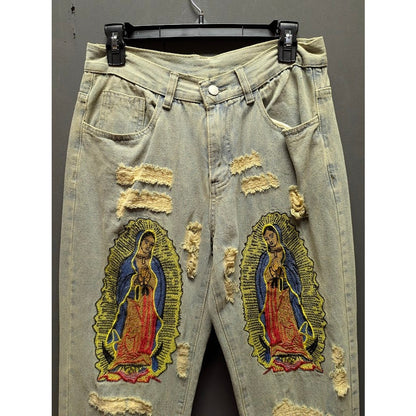 Supermade Retro Jeans Distressed Streetwear 29" x 29" y2K Lady Guadalupe