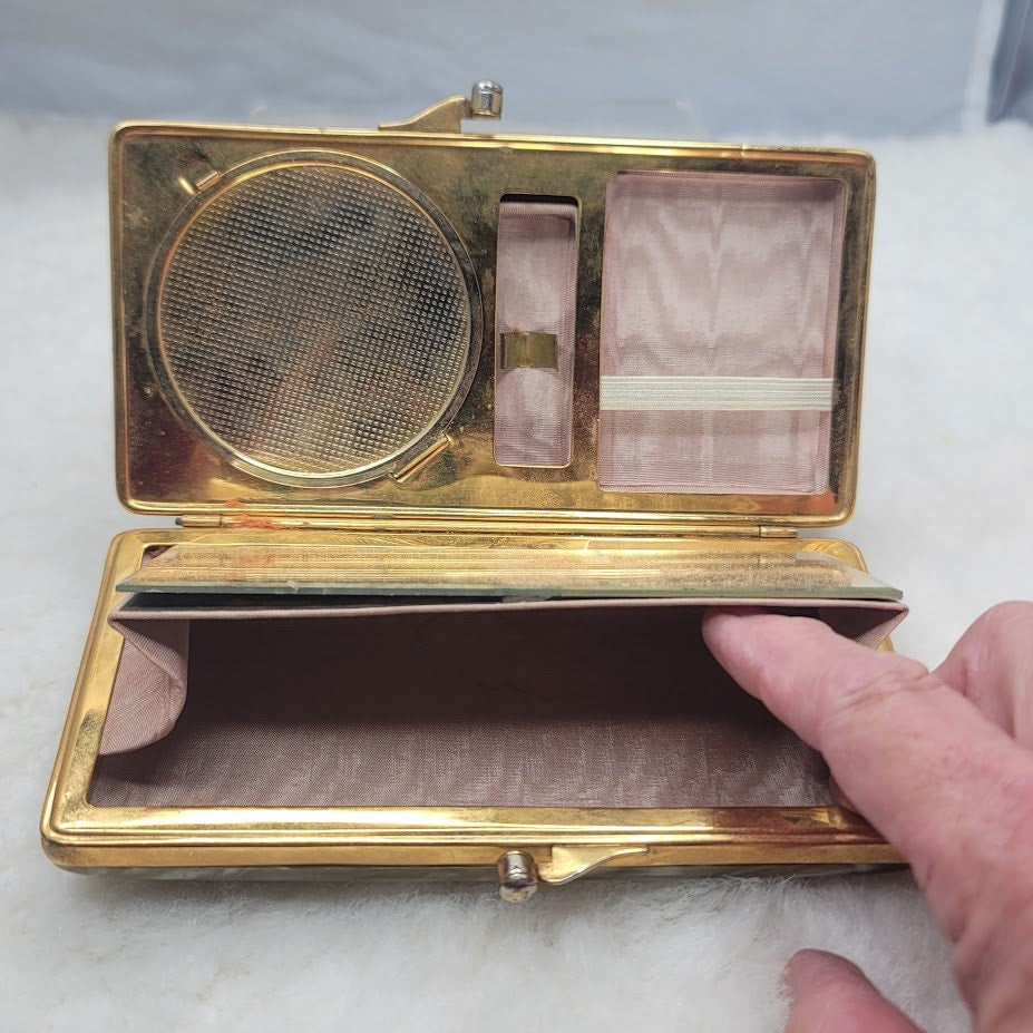 Vintage 1950s Marbled Celluloid Vanity Handbag Compact Clutch MCM Glamour