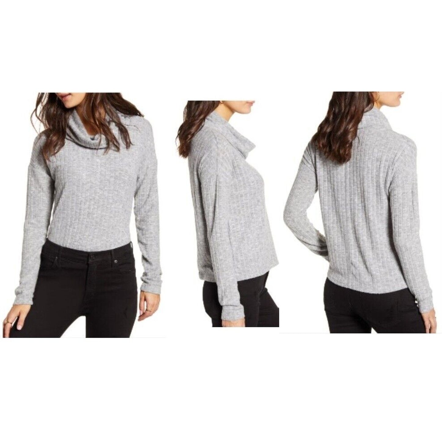 BP Womens Rib Knit Cowl Neck Long Sleeve Soft Stretchy Sweater Sz small Gray NWT