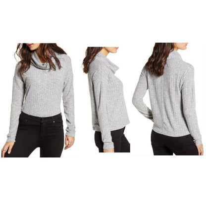 BP Womens Rib Knit Cowl Neck Long Sleeve Soft Stretchy Sweater Sz small Gray NWT