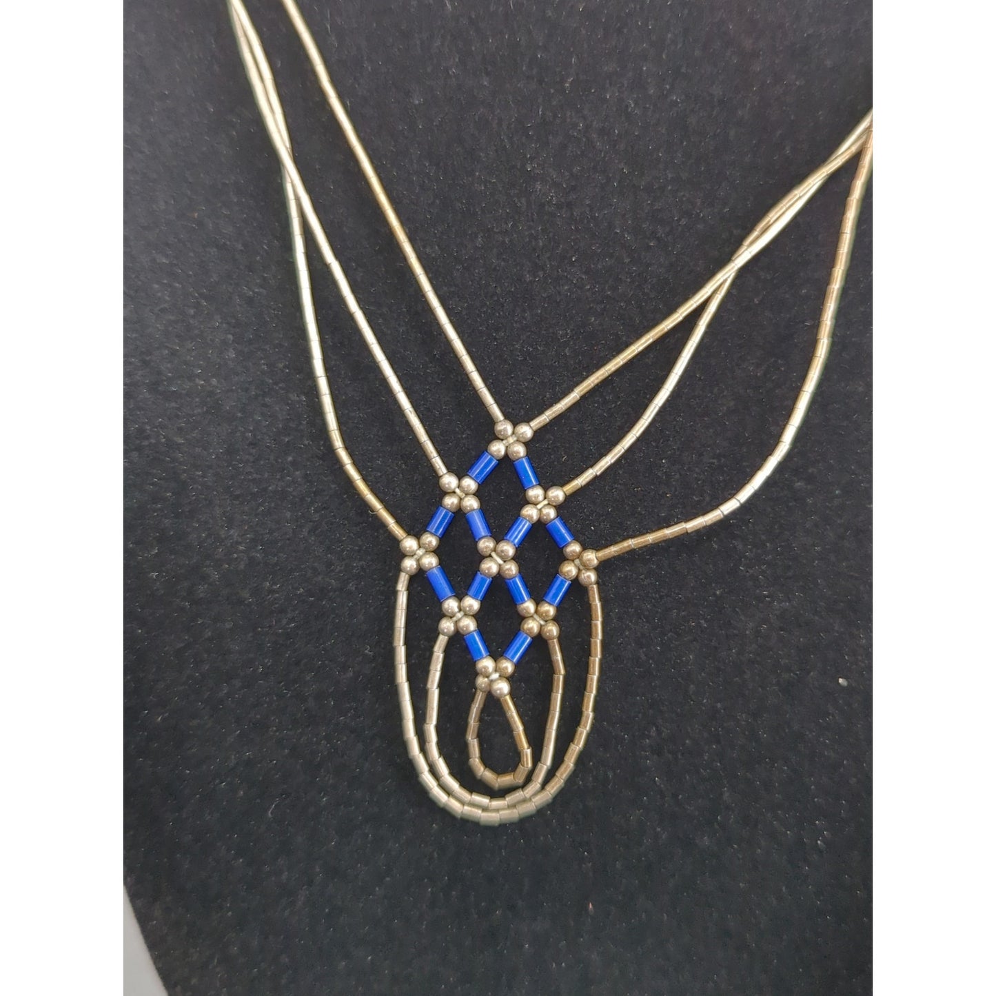 Vintage Liquid Silver MultiStrand Necklace Blue Beaded Southwestern Sterling 18"