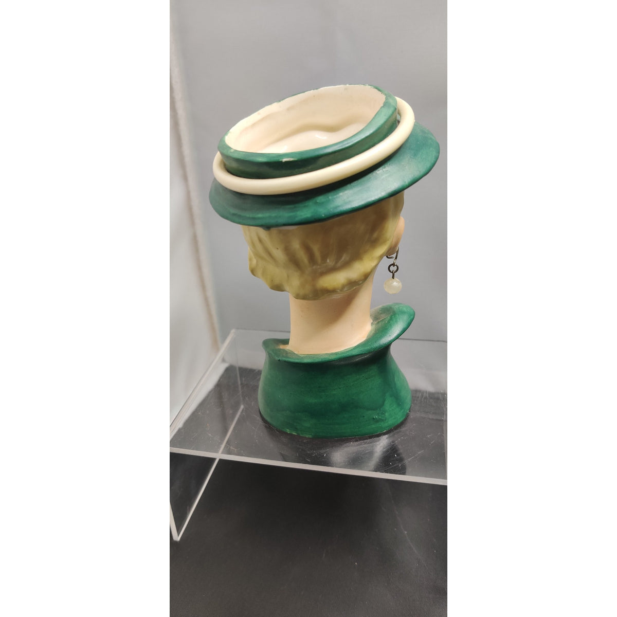 Vintage 1950s Damaged Napco Blonde Lady Head Vase Planter Green Hat Kitsch