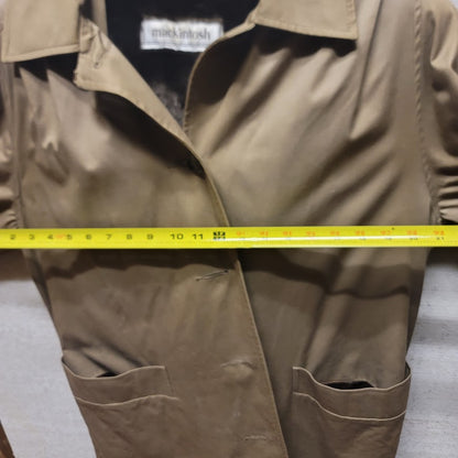 Mackintosh Trench Full length Coat Jacket Faux Fur Lined Hood Size 12 HEAVY tan