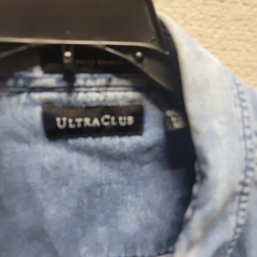 Ultra Club Denim Blue XL 100% Cotton button up well worn Light wash long sleeve