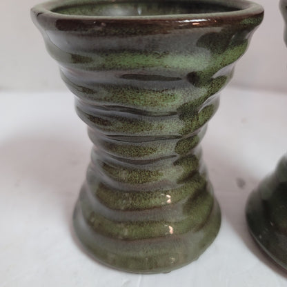 Pair sage green priory vases 4.5" talltwo tone gloss glaze Handmade clay pottery