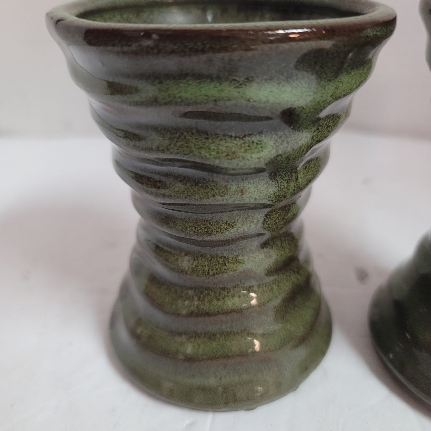 Pair sage green priory vases 4.5" talltwo tone gloss glaze Handmade clay pottery