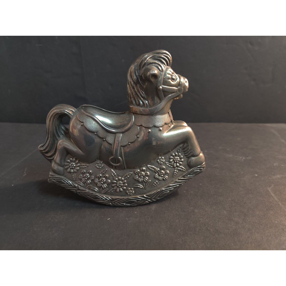 Vintage Metal Rocking Horse Figurine Piggy Bank Missing Stopper