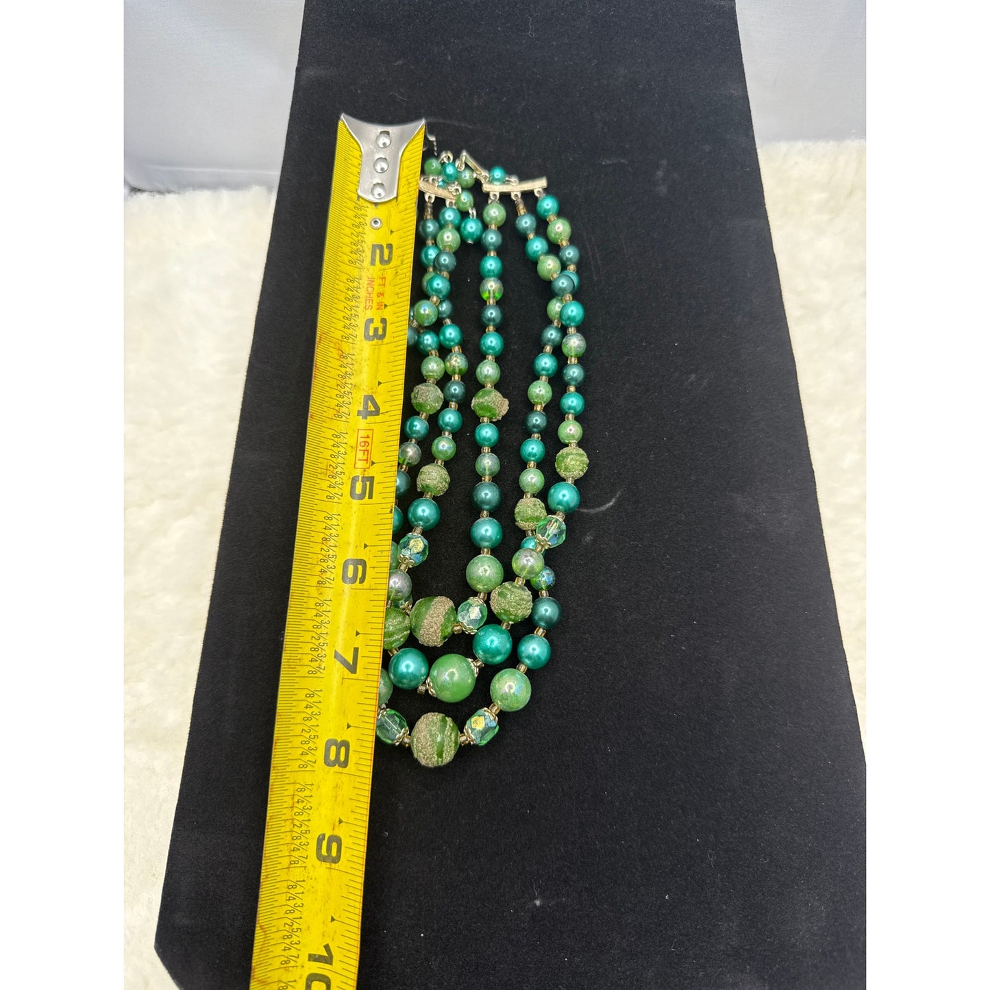 Vintage Japan Green sugar bead Art Glass 3 Strand Necklace MCM Emerald 1950 Glam