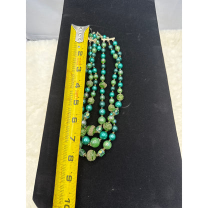 Vintage Japan Green sugar bead Art Glass 3 Strand Necklace MCM Emerald 1950 Glam