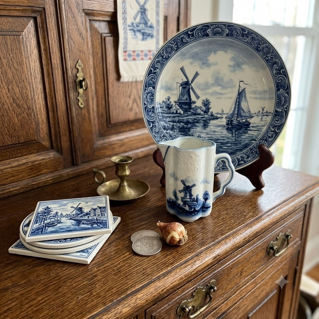 Vintage Blue & White Windmill Small Ceramic Creamer Pitcher Transferware