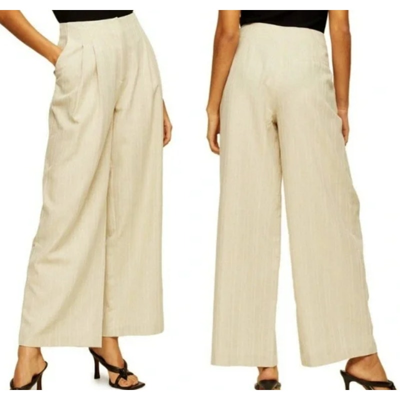 TopShop Herringbone Lightweight Wide Leg High Waist Trousers Sz 10 Oatmeal NWT