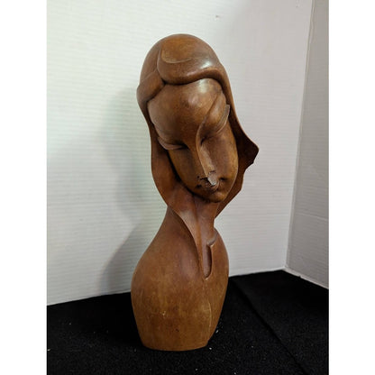Mid-Century Modern Hand-Carved Wood Bust Sculpture – Stylized Female Form