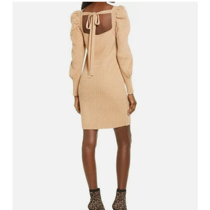 WAYF Leland Long Sleeve Tie Back Sheath Sweater Dress In Camel Medium Winter NEW
