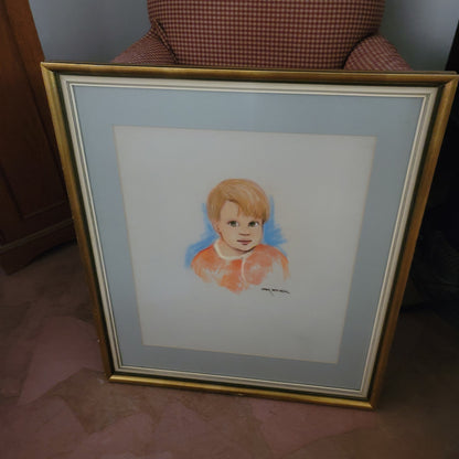 Young child art wall chalk pastel painting VINTAGE Signed Lamar Mitchell 27x30