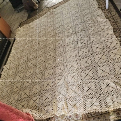 Vintage Handmade Crochet Bedspread Cream Geometric Diamond Boho Coverlet 77x100