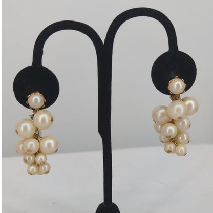 Vintage Faux Pearl Cluster Dangle Clip On Earrings Gold Tone Mid Century Glamour