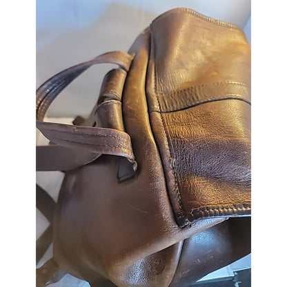 Vtg Leather Backpack Rucksack Luggage Bag Brown Large Travel Luggage Well Worn