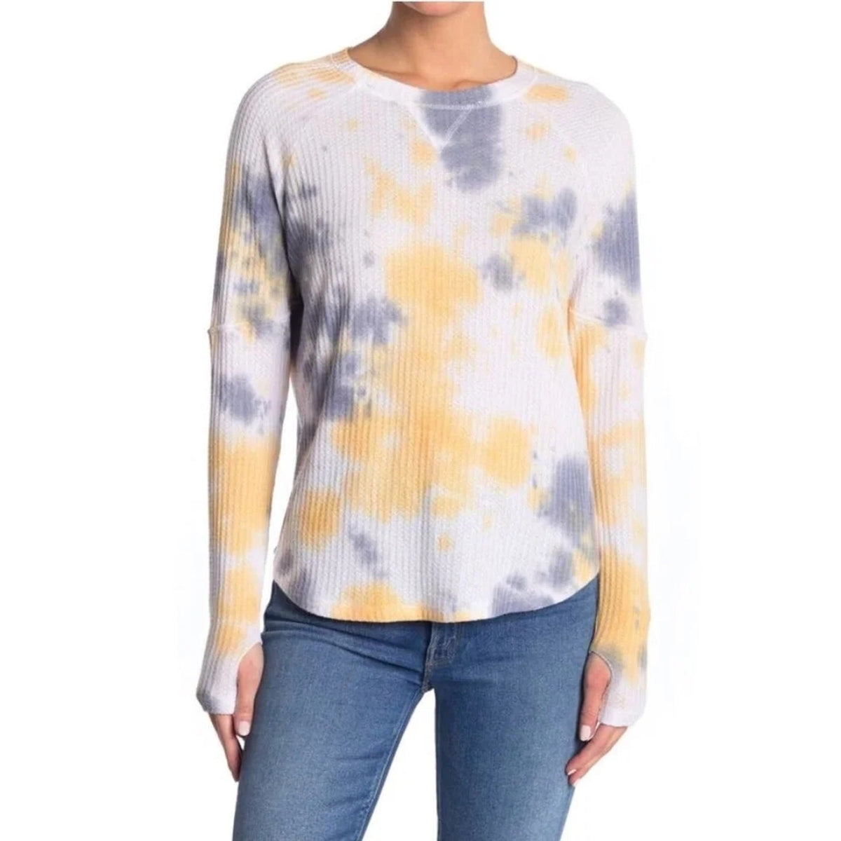 Sweet Romeo Storm Tie Dye SMALL NEW Waffle Knit Thermal Top Thumb Holes Raglan