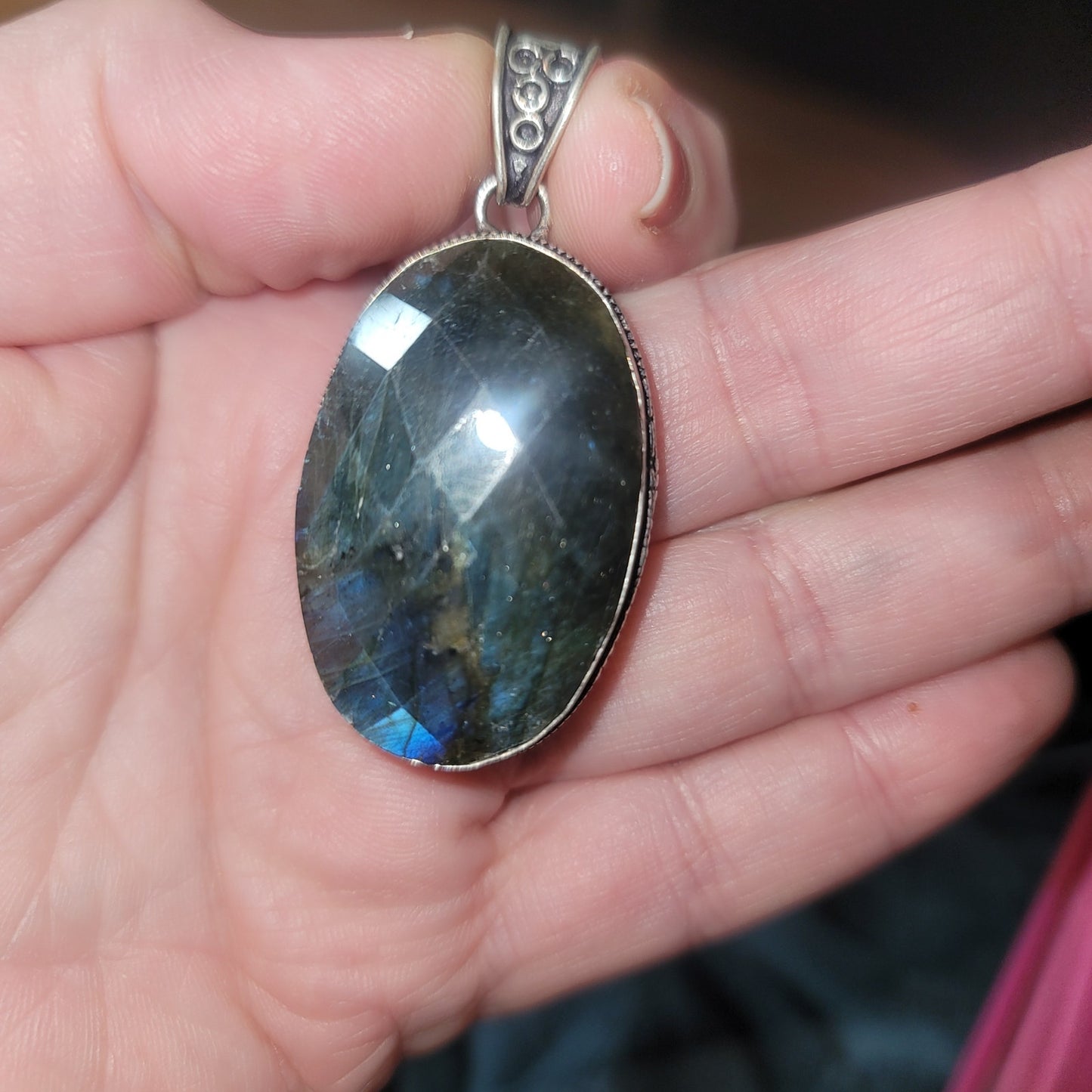 Large Blue Flash Labradorite Pendant 925 Sterling Silver Oval Statement 2.75"