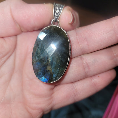 Large Blue Flash Labradorite Pendant 925 Sterling Silver Oval Statement 2.75"