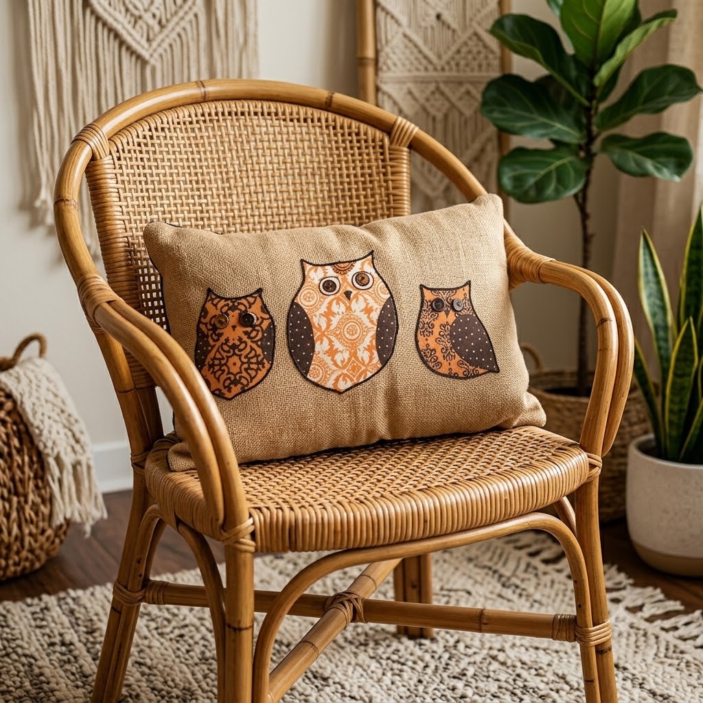 Vintage Folk Art Burlap Owl Pillow Embroidered Boho Rustic Accent Cushion