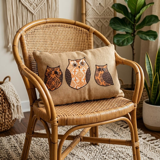 Vintage Folk Art Burlap Owl Pillow Embroidered Boho Rustic Accent Cushion