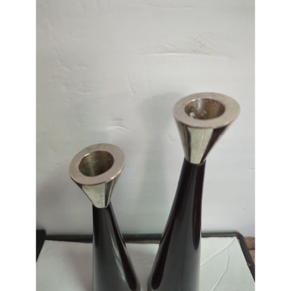 Pair metal black metal MCM candle holders brutalist style heavy staggered