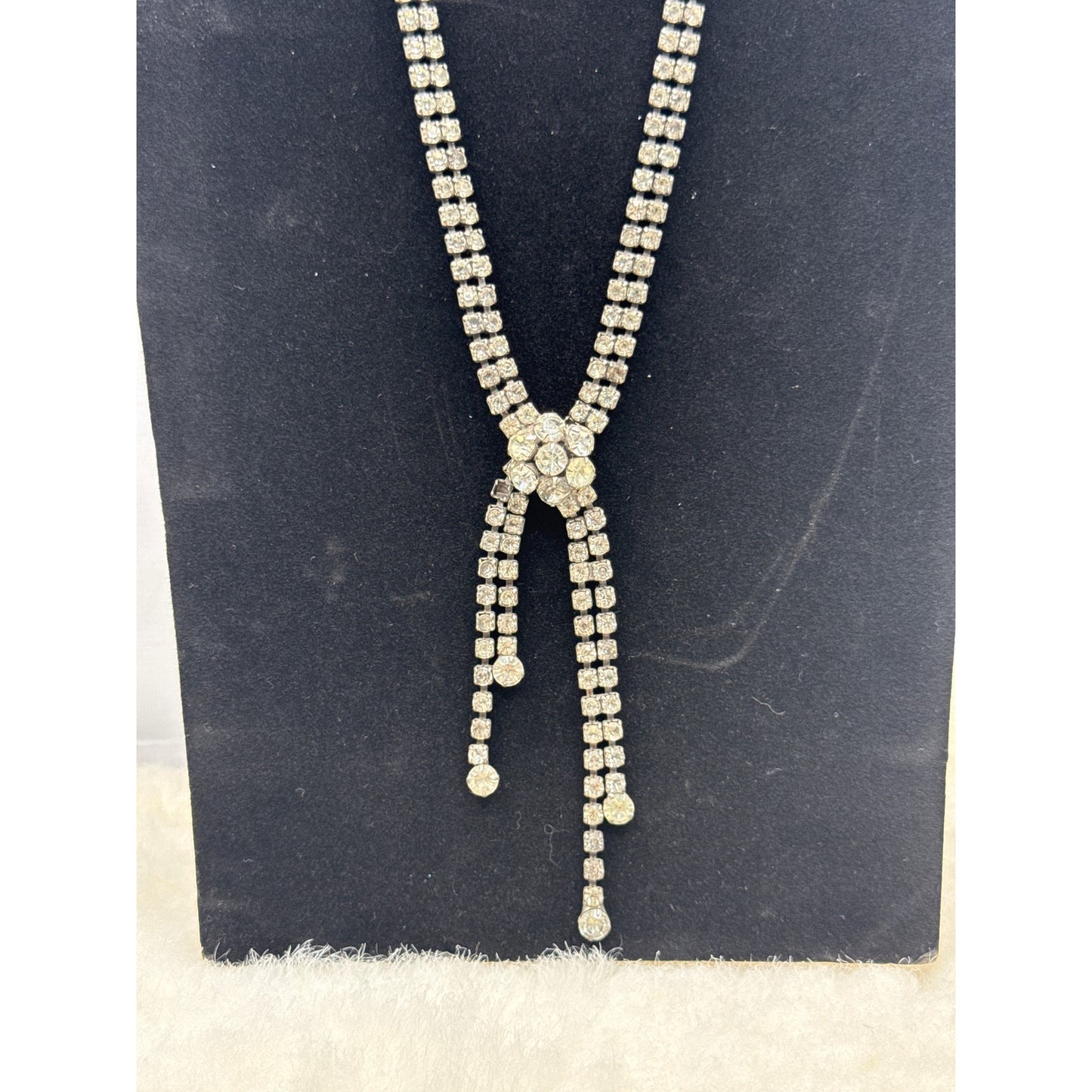 Vintage Rhinestone Lariat Y Necklace Silver Tone Art Deco Revival Glamour 50's