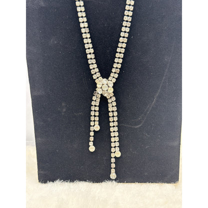 Vintage Rhinestone Lariat Y Necklace Silver Tone Art Deco Revival Glamour 50's