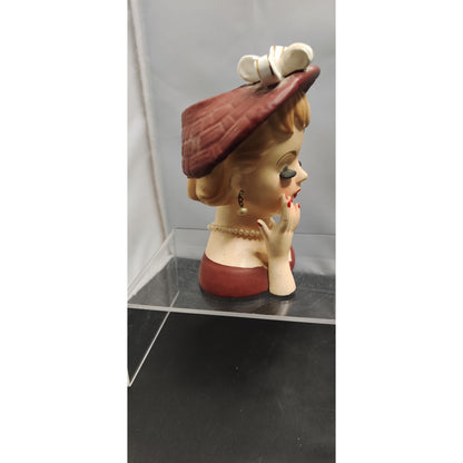 Inarco 1961 Lady Headvase Planter MCM Kitsch Burgundy Hat Retro Decor Vase Rare!