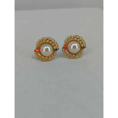 Vintage 80s Gold Twisted Knot Faux Pearl Red Green Rhinestone Clip On Earrings