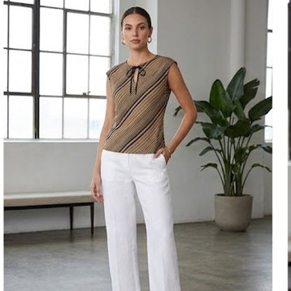 QUE Diagonal Stripe Sleeveless Top Womens Medium Tan Black Keyhole Bow Blouse