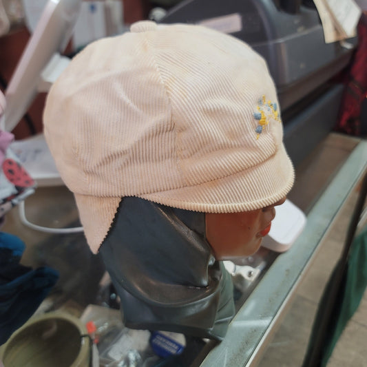 Vintage Cream Corduroy Snap-Flap Ear Cover Cap Yellow Blue Embroidery Birds