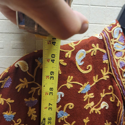 Burgundy Wine Long Duster Lined Embroidery Floral Paisley Coat Jacket XL/ 16