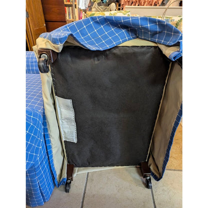 SECONDHAND SANDIES: Overstuffed skirted Armchair and Matching Ottoman Blue white Plaid