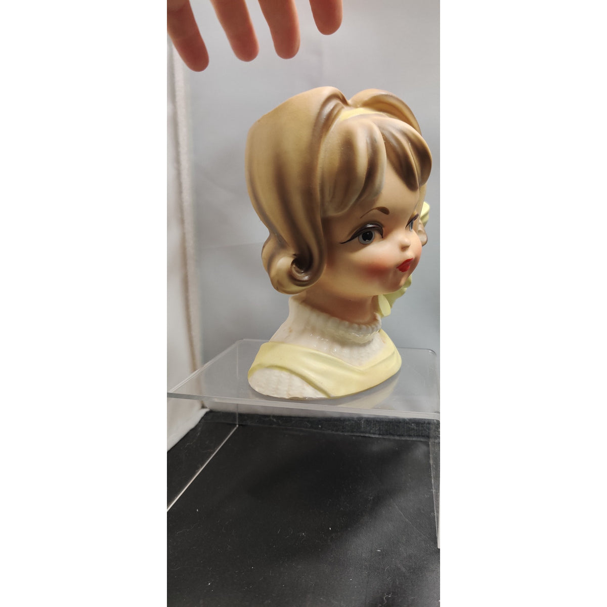 Vintage Yellow Jumper Blonde Lady Head Vase Planter Kitsch Ceramic Inarco E-2767
