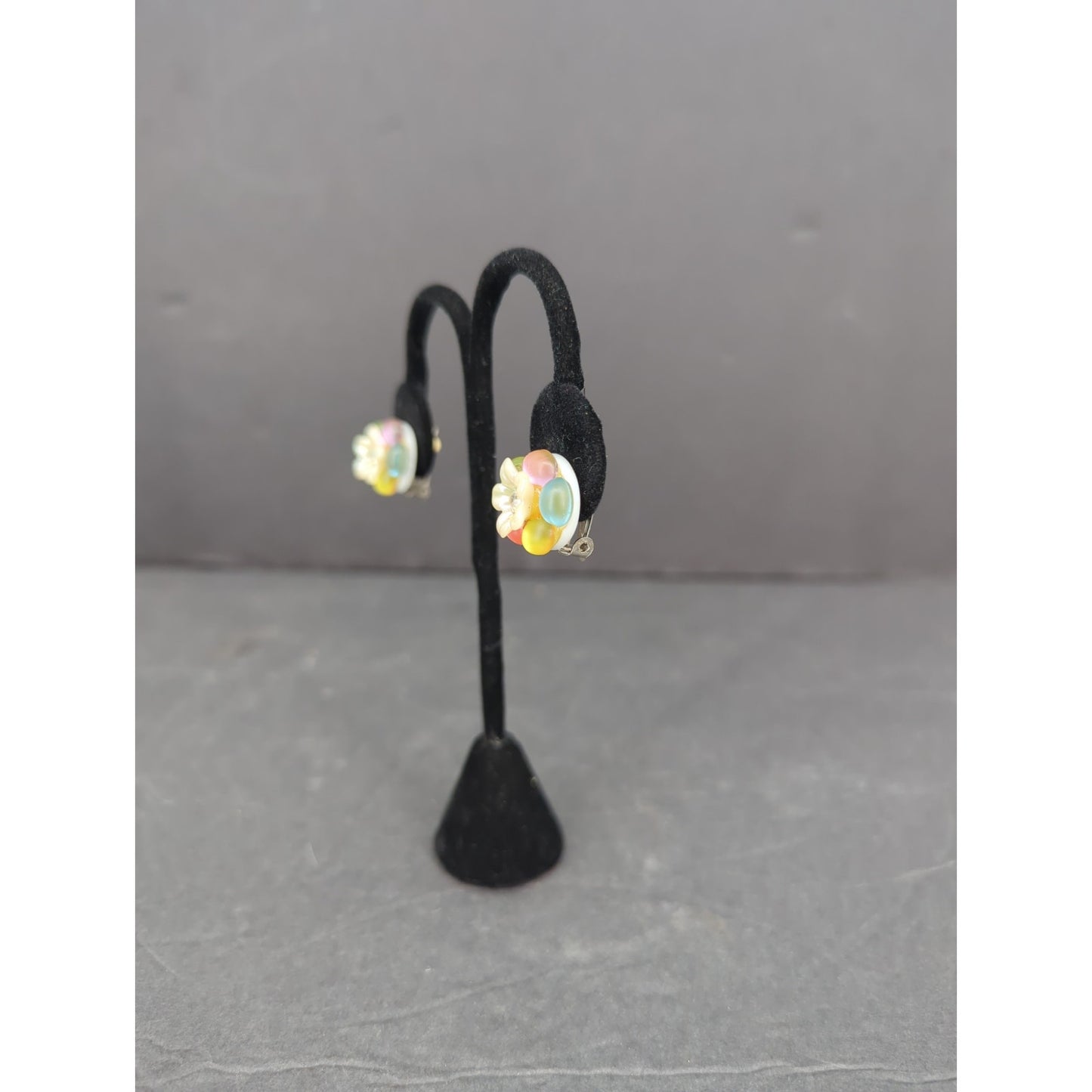 Vintage Pastel Iridescent Lucite Flower ClipOn Earrings Retro Mid Century Modern