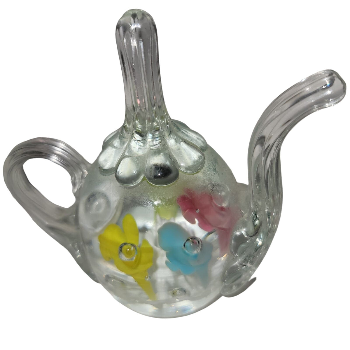 JOE ST CLAIR GLASS TEA POT RING HOLDER PAPERWEIGHT vanity jewelry multicolor