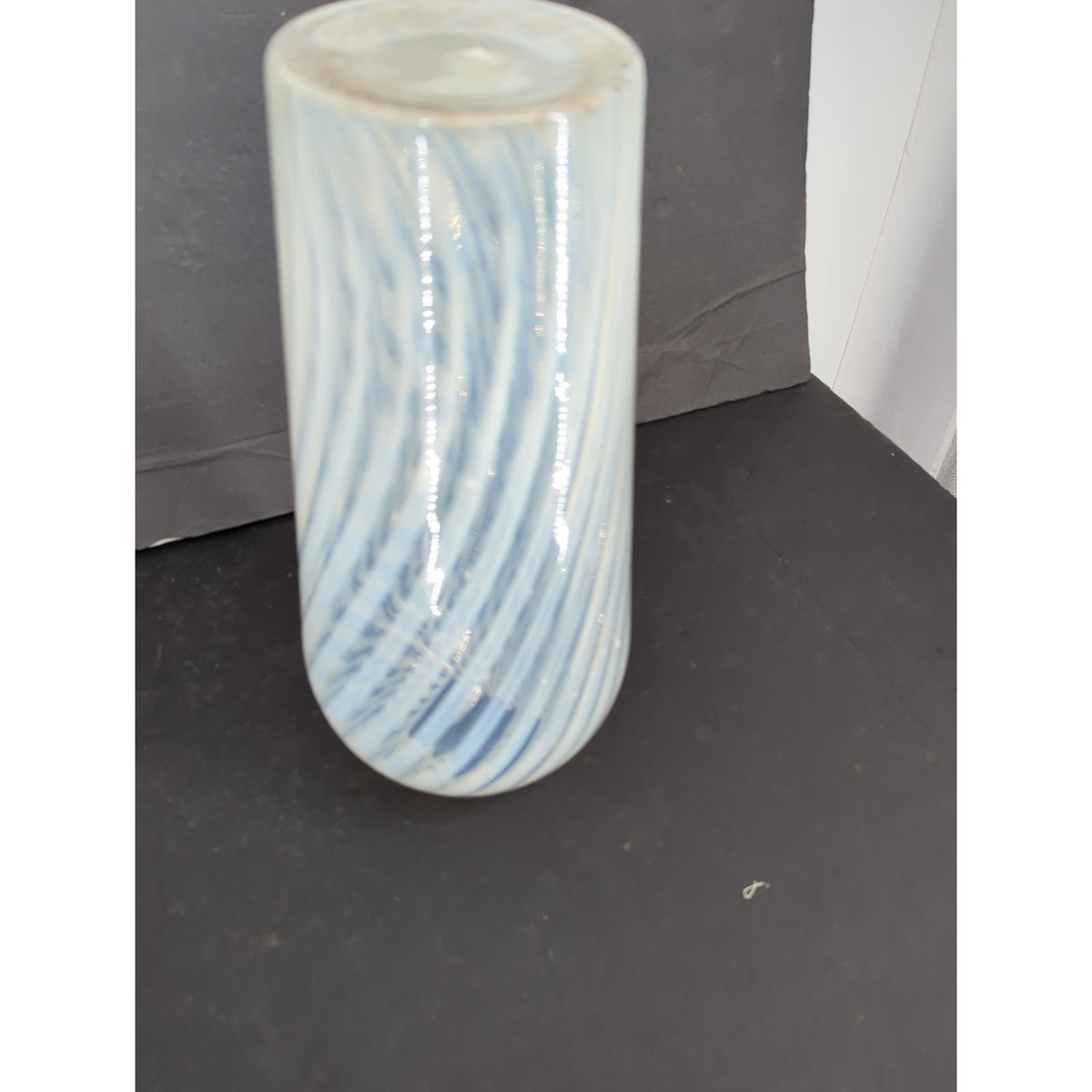 Vetro Murano Style White Swirl Art Glass Vase 14" Stripe Fluted Rim Delicate