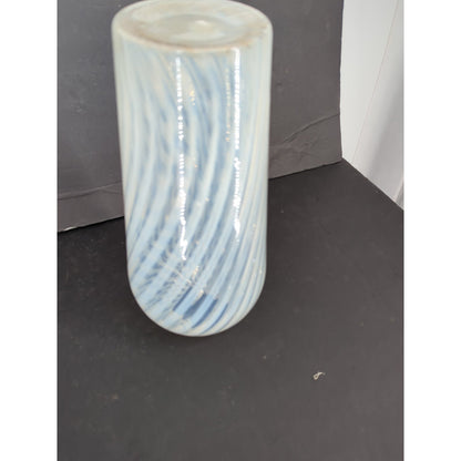 Vetro Murano Style White Swirl Art Glass Vase 14" Stripe Fluted Rim Delicate