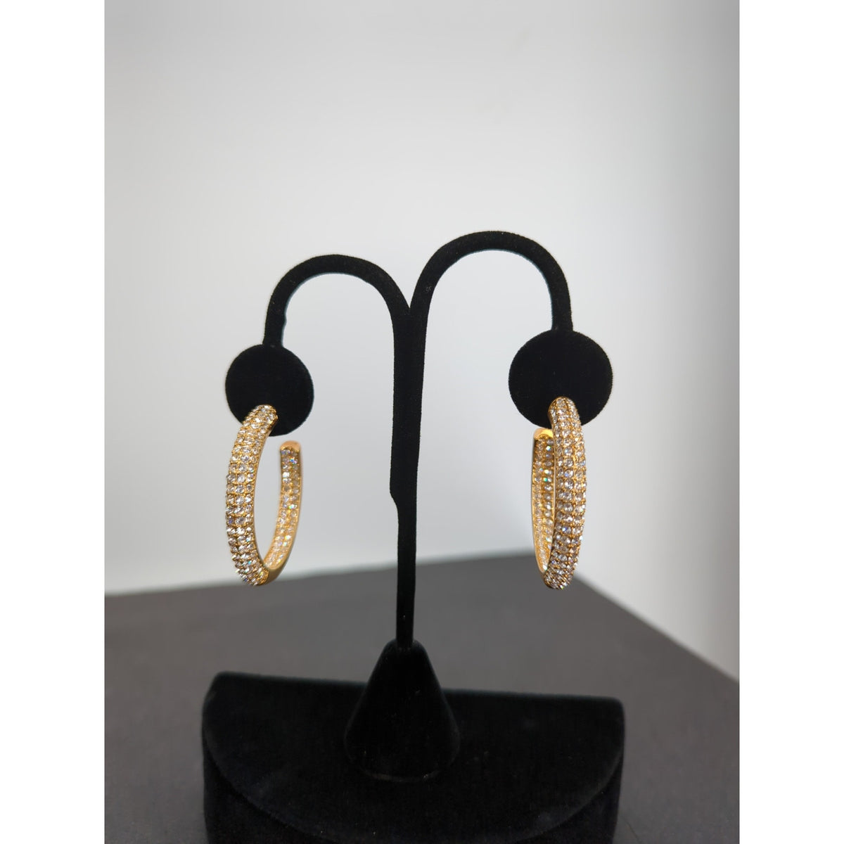 Vintage Gold Tone Triple Row Rhinestone Hoop Earrings Pierced Hollywood Glam