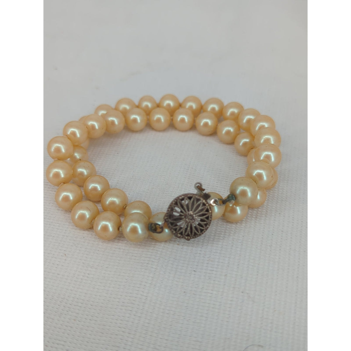Vintage Double Strand Cream Faux Pearl Bracelet With Filigree Clasp