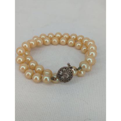 Vintage Double Strand Cream Faux Pearl Bracelet With Filigree Clasp