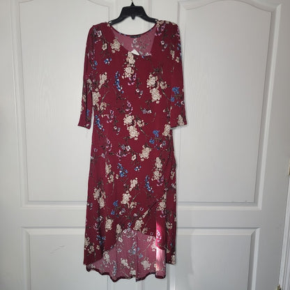 NEW West Kei Burgundy Floral Midi Dress LARGE Hi Low Hem Asymmetrical Collar