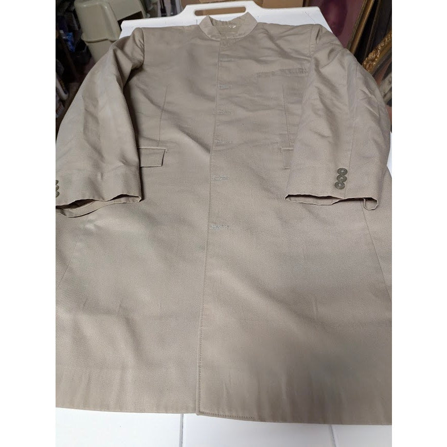 Custom Made Mandarin Collar Long Coat Tan Khaki Structured Minimalist Waistcoat
