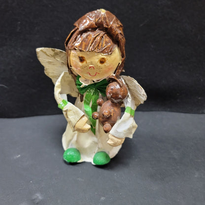 Paper Mache Angel handmade Christmas Caroler Holding a dog 6"