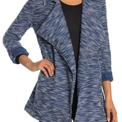 NWT Bagatelle Draped Front Woven Knit Roll Tab Cardigan Sz Small in Blue Tweed