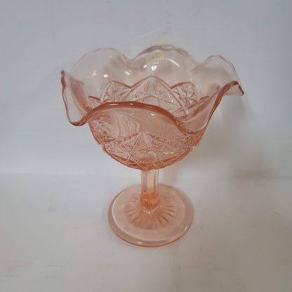 Viking Crystal Art Glass Pink Compote Candy Dish Footed ripple Edge Vintage